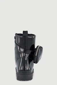 Womens Girls Faux Patent Leather Buckle Combat Boots with Pouch, Black,