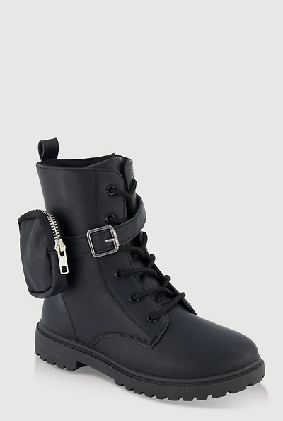 Womens Girls Faux Leather Buckle Combat Boots with Pouch, Black,