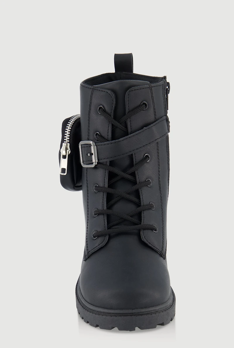 Womens Girls Faux Leather Buckle Combat Boots with Pouch, Black,