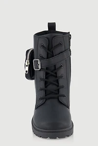 Womens Girls Faux Leather Buckle Combat Boots with Pouch, Black,