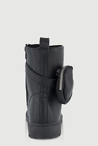 Womens Girls Faux Leather Buckle Combat Boots with Pouch, Black,