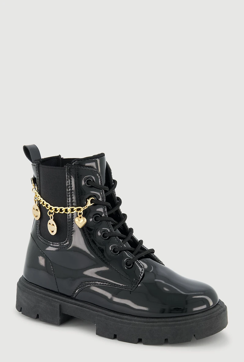 Womens Girls Charm Chain Detail Lace Up Combat Boots, Black, Size 3