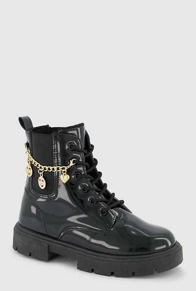 Womens Girls Charm Chain Detail Lace Up Combat Boots, Black, Size 3