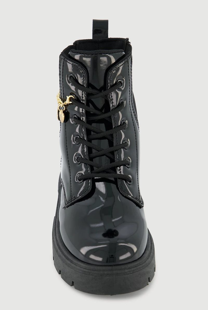 Womens Girls Charm Chain Detail Lace Up Combat Boots, Black, Size 3