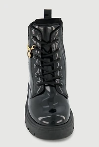 Womens Girls Charm Chain Detail Lace Up Combat Boots, Black, Size 3