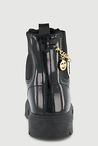 Womens Girls Charm Chain Detail Lace Up Combat Boots, Black, Size 3