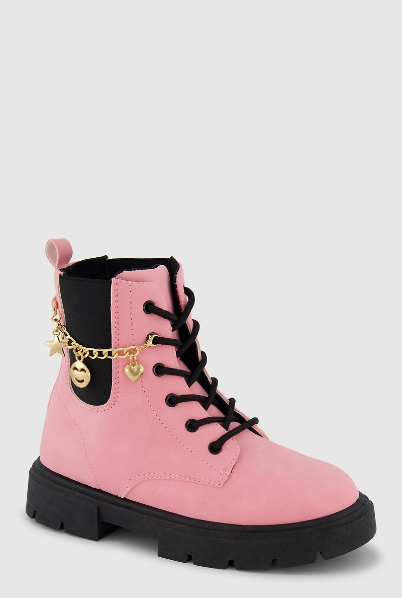 Womens Girls Charm Chain Detail Lace Up Combat Boots, Pink,