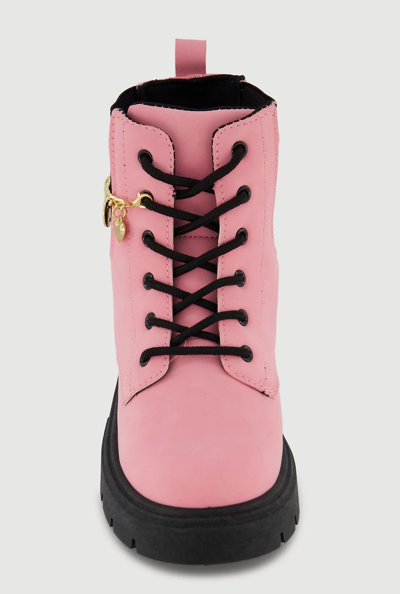 Womens Girls Charm Chain Detail Lace Up Combat Boots, Pink,