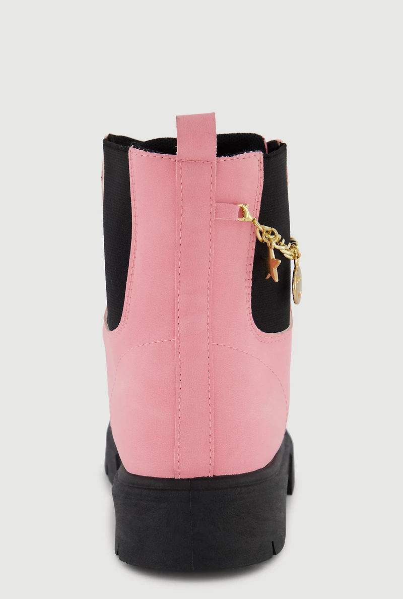 Womens Girls Charm Chain Detail Lace Up Combat Boots, Pink,