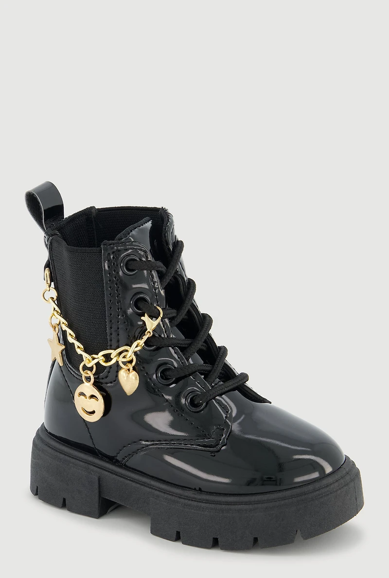 Womens Toddler Girls Metallic Charm Chain Lace Up Combat Boots,
