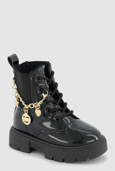 Womens Toddler Girls Metallic Charm Chain Lace Up Combat Boots,