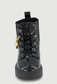 Womens Toddler Girls Metallic Charm Chain Lace Up Combat Boots,