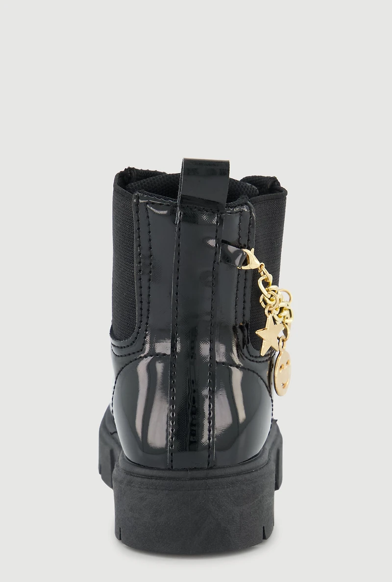 Womens Toddler Girls Metallic Charm Chain Lace Up Combat Boots,