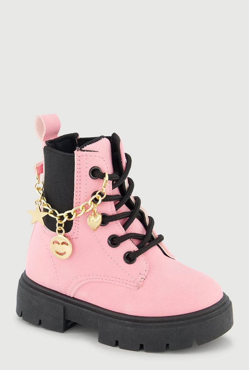 Womens Toddler Girls Metallic Charm Chain Lace Up Combat Boots, Pink, Size 7