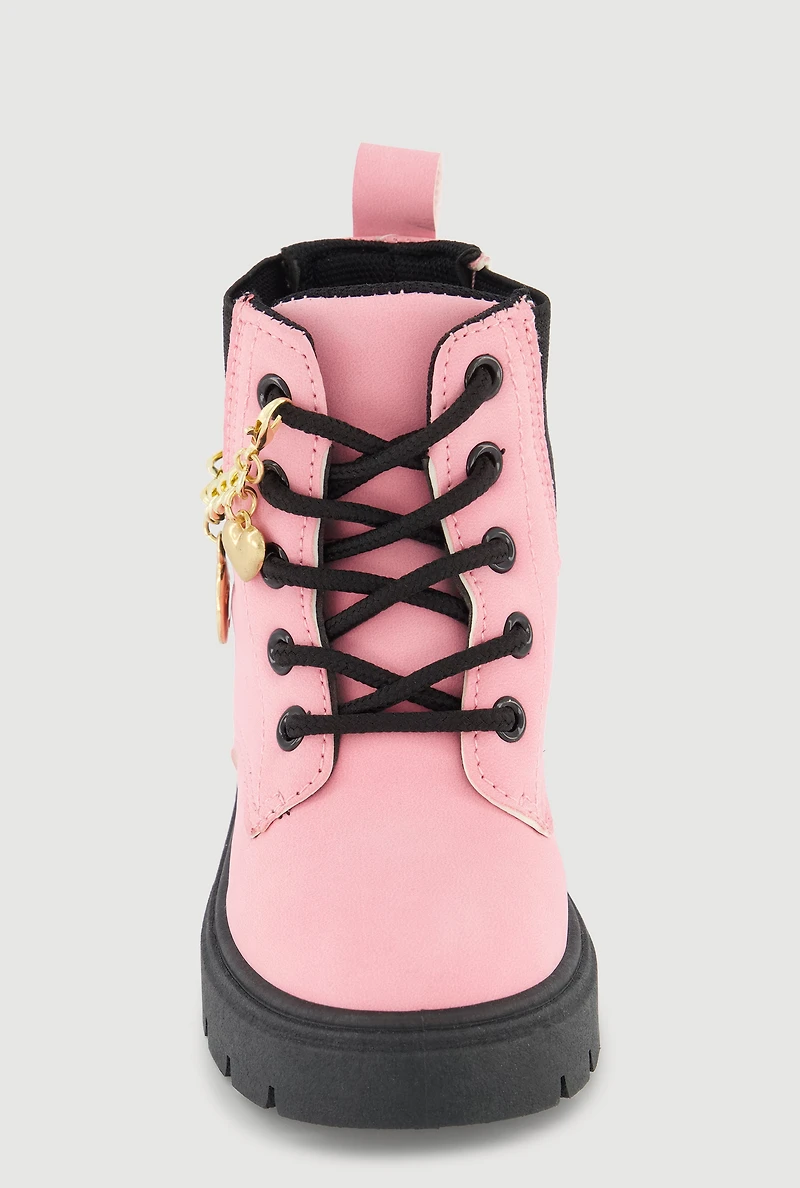 Womens Toddler Girls Metallic Charm Chain Lace Up Combat Boots, Pink, Size 7