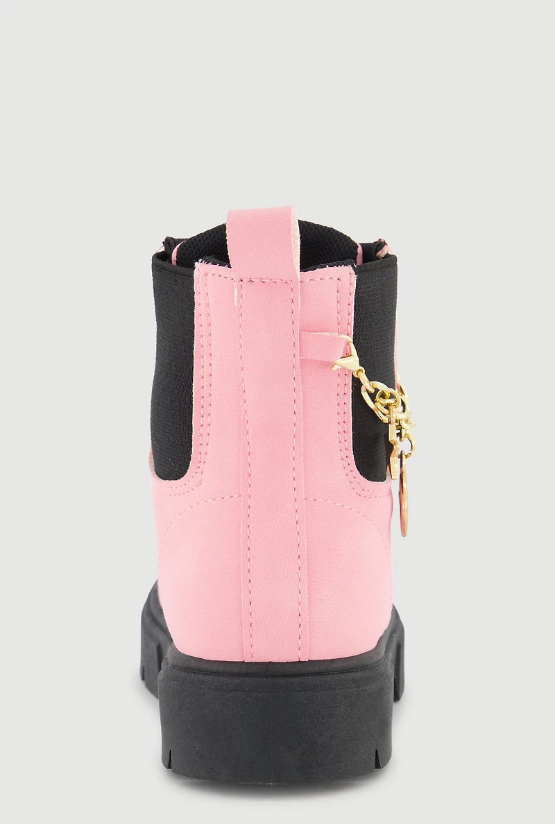 Womens Toddler Girls Metallic Charm Chain Lace Up Combat Boots, Pink, Size 7