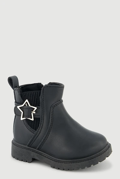 Womens Toddler Girls Faux Leather Booties with Star Buckle, Black, Size 7