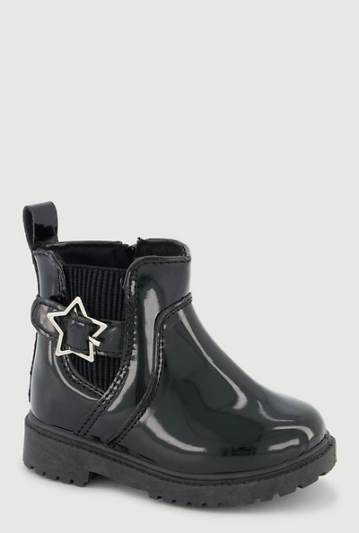 Womens Toddler Girls Faux Patent Leather Booties with Star Buckle, Black, Size 11