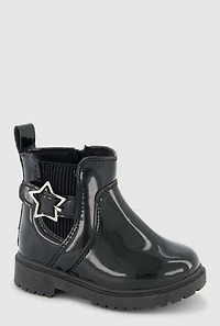 Womens Toddler Girls Faux Patent Leather Booties with Star Buckle, Black, Size 11