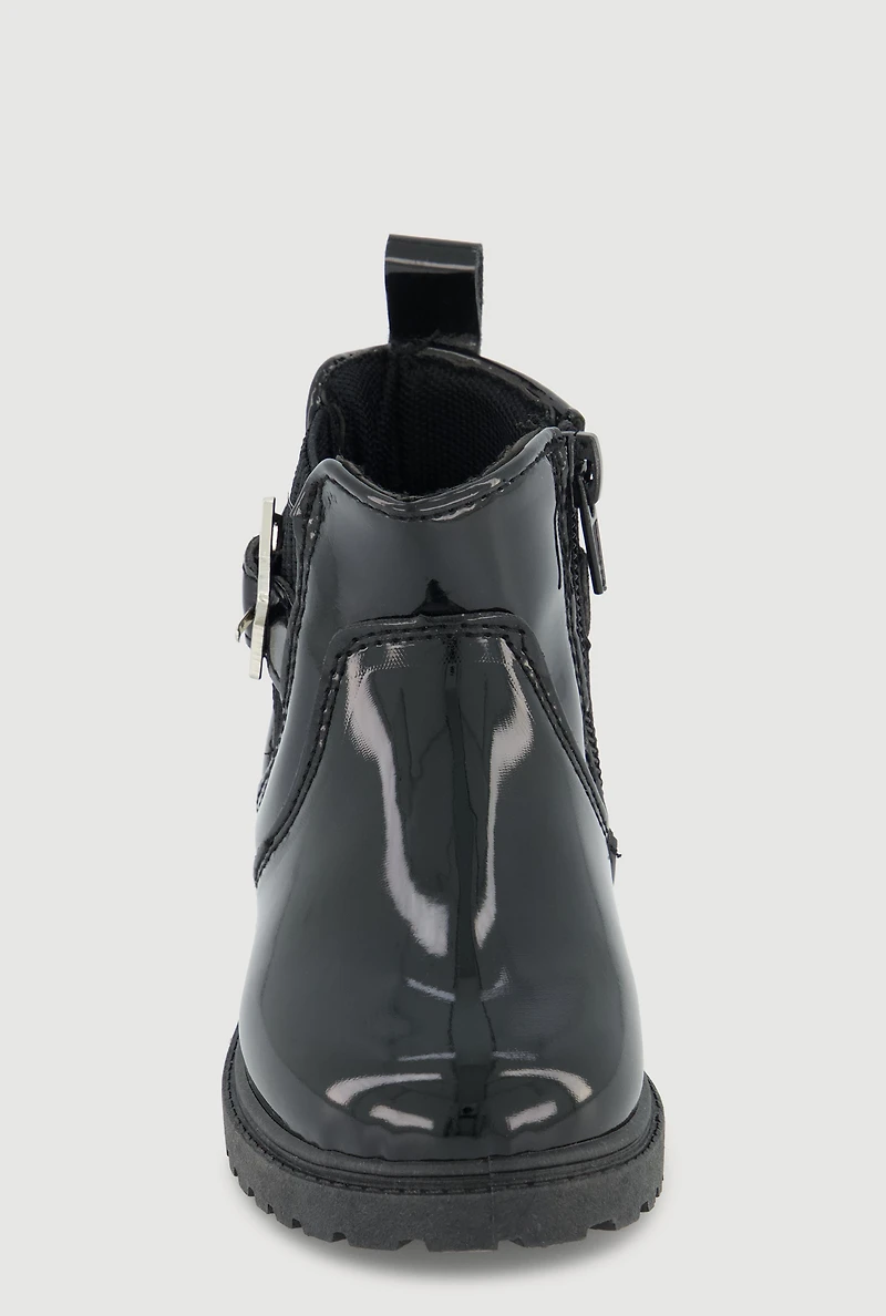 Womens Toddler Girls Faux Patent Leather Booties with Star Buckle, Black, Size 8