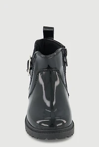 Womens Toddler Girls Faux Patent Leather Booties with Star Buckle, Black, Size 8