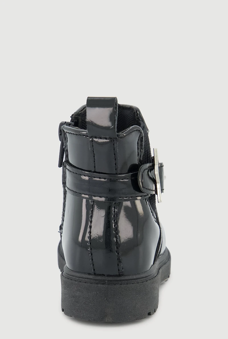 Womens Toddler Girls Faux Patent Leather Booties with Star Buckle, Black, Size 11