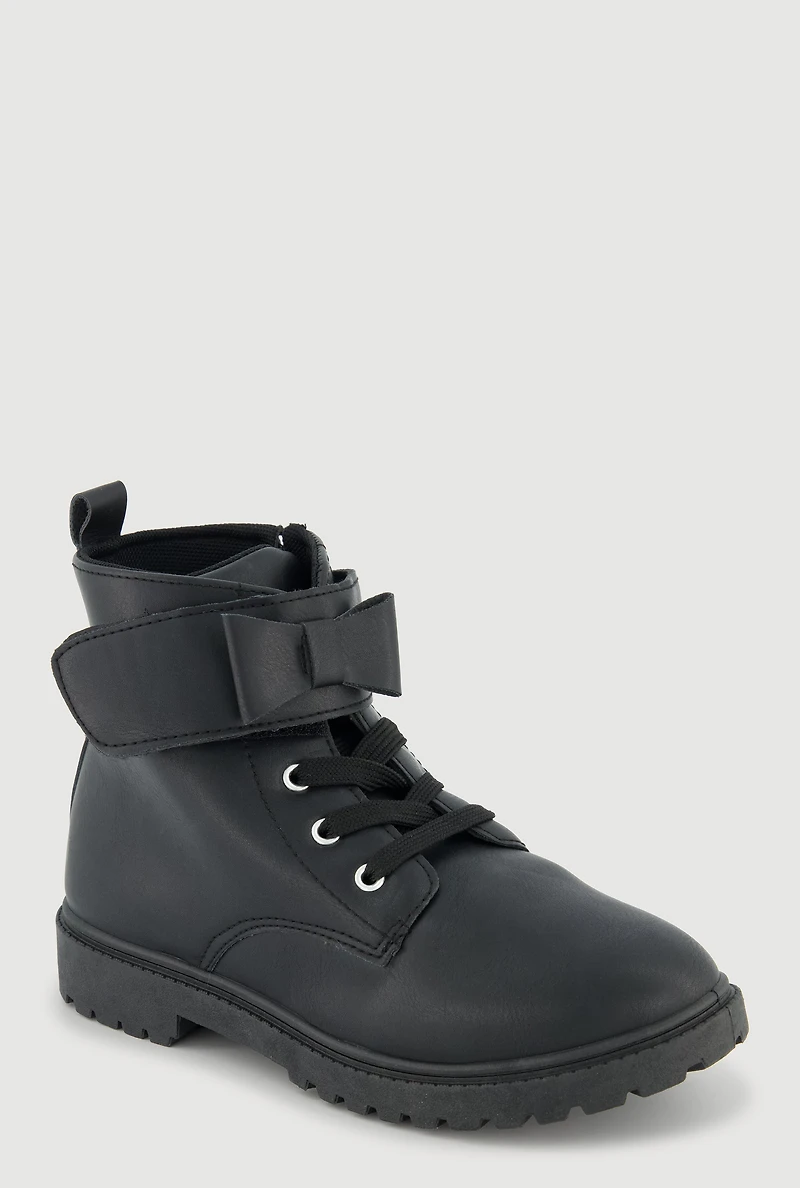 Womens Girls Bow Velcro Strap Lace Up Combat Boots, Black, Size 2