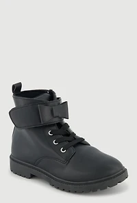 Womens Girls Bow Velcro Strap Lace Up Combat Boots, Black, Size 2