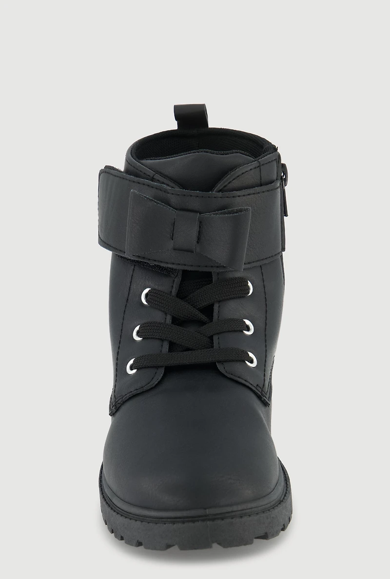 Womens Girls Bow Velcro Strap Lace Up Combat Boots, Black, Size 2