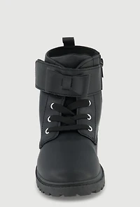 Womens Girls Bow Velcro Strap Lace Up Combat Boots, Black, Size 2