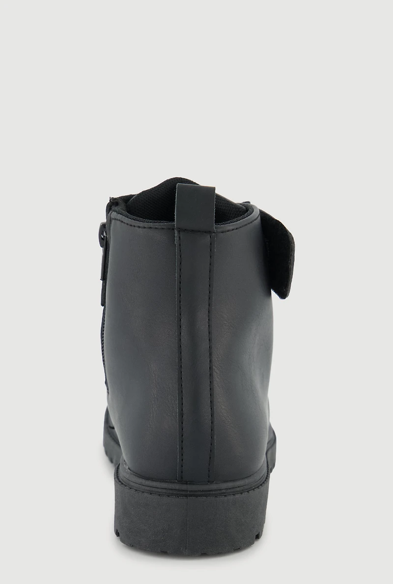 Girls Bow Velcro Strap Lace Up Combat Boots