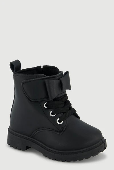 Womens Toddler Girls Bow Velcro Strap Lace Up Combat Boots,