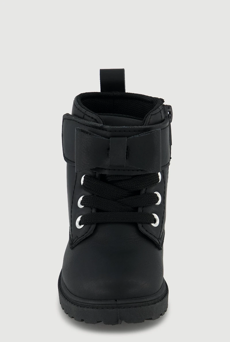 Womens Toddler Girls Bow Velcro Strap Lace Up Combat Boots,