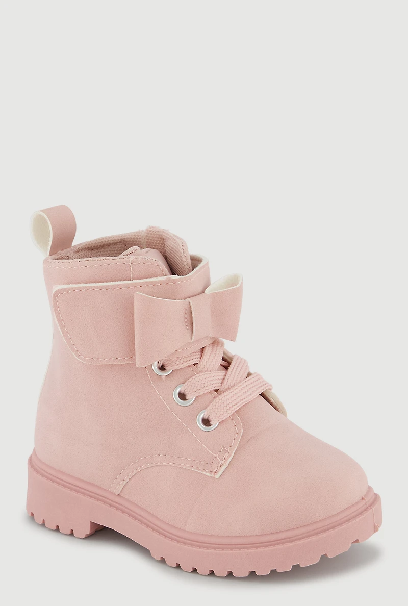 Womens Toddler Girls Bow Velcro Strap Lace Up Combat Boots, Pink, Size 11