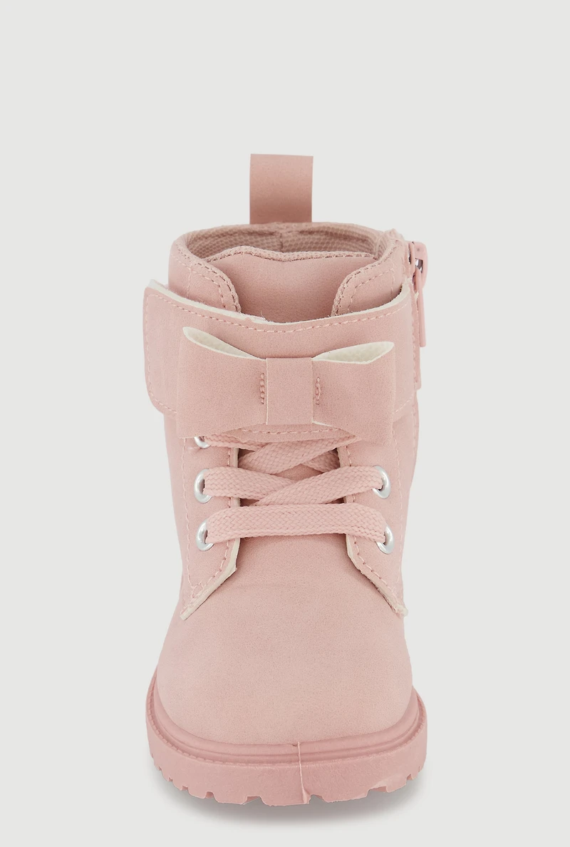 Womens Toddler Girls Bow Velcro Strap Lace Up Combat Boots, Pink, Size 11