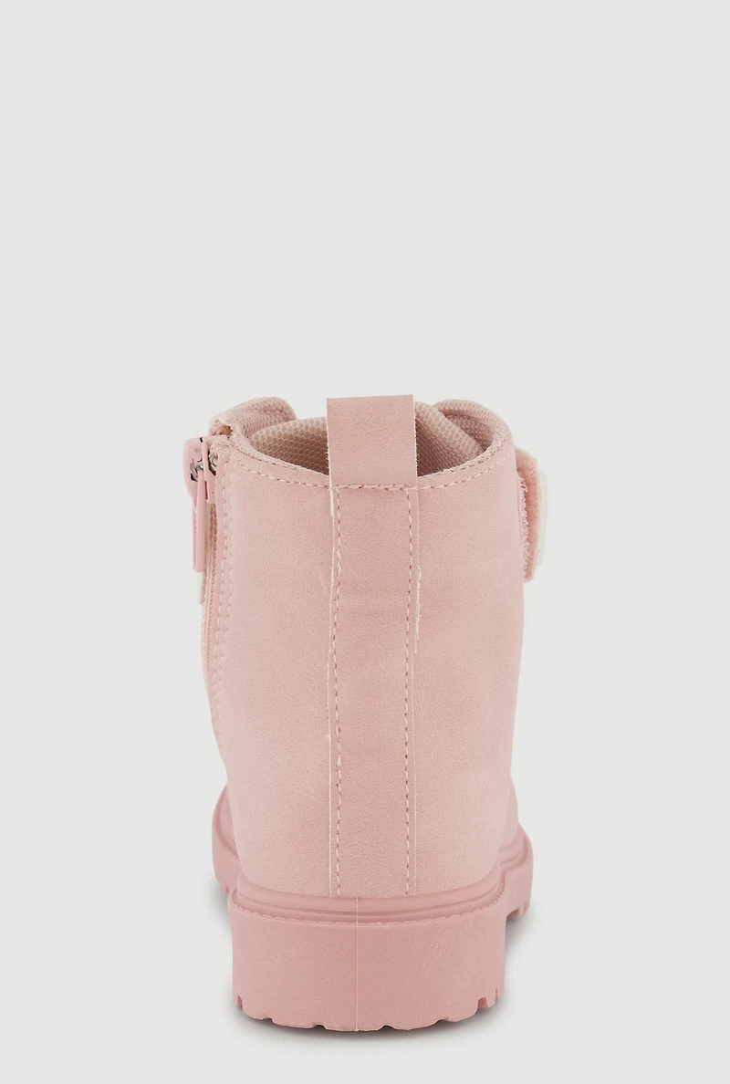 Womens Toddler Girls Bow Velcro Strap Lace Up Combat Boots, Pink, Size 11