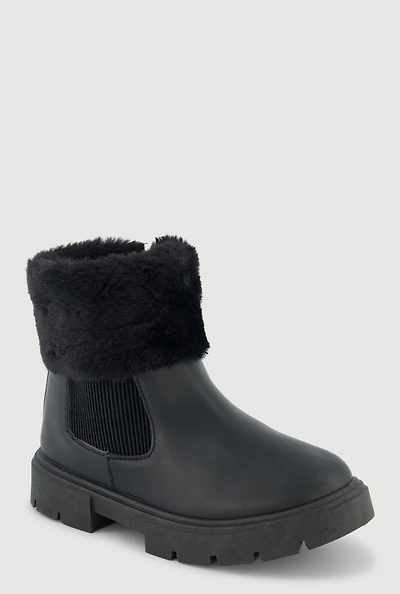 Womens Girls Faux Fur Cuff Chelsea Boots,