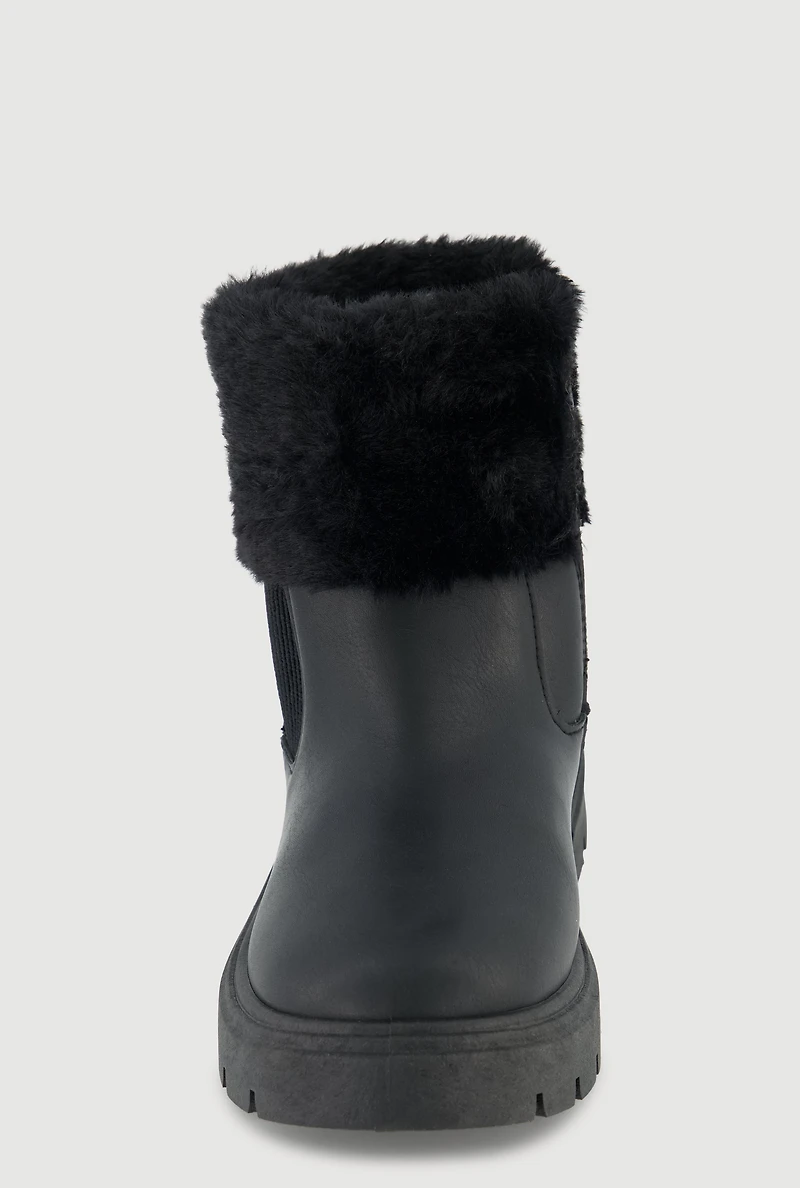 Womens Girls Faux Fur Cuff Chelsea Boots, Black,