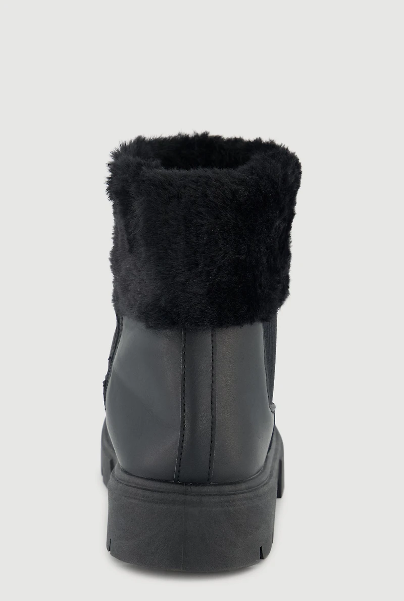 Womens Girls Faux Fur Cuff Chelsea Boots, Black,