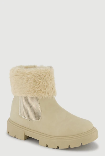 Womens Girls Faux Fur Cuff Chelsea Boots, Beige, Size 4