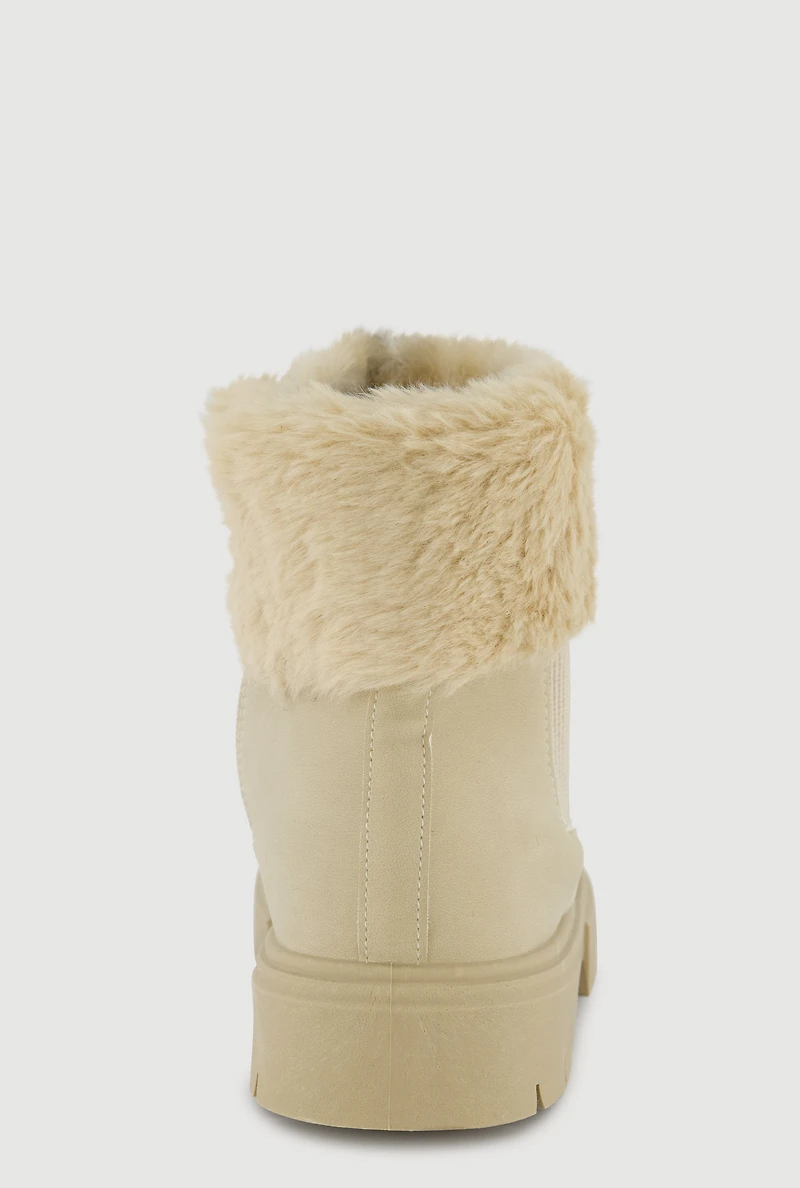 Womens Girls Faux Fur Cuff Chelsea Boots, Beige, Size 4