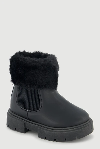Womens Toddler Girls Faux Fur Cuff Side Zip Combat Boots,