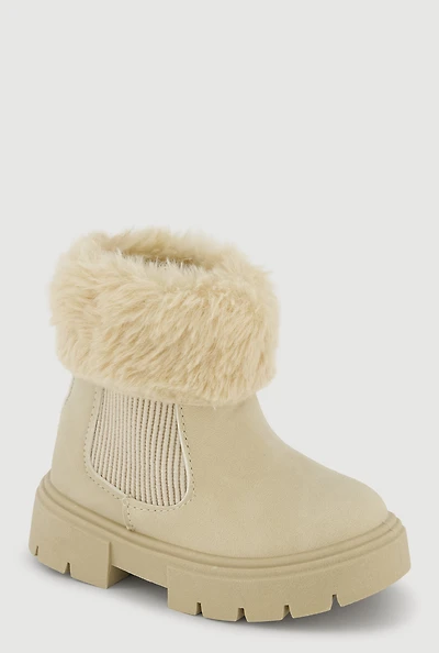 Womens Toddler Girls Faux Fur Cuff Side Zip Combat Boots,