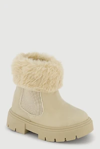 Womens Toddler Girls Faux Fur Cuff Side Zip Combat Boots, Beige, Size 7