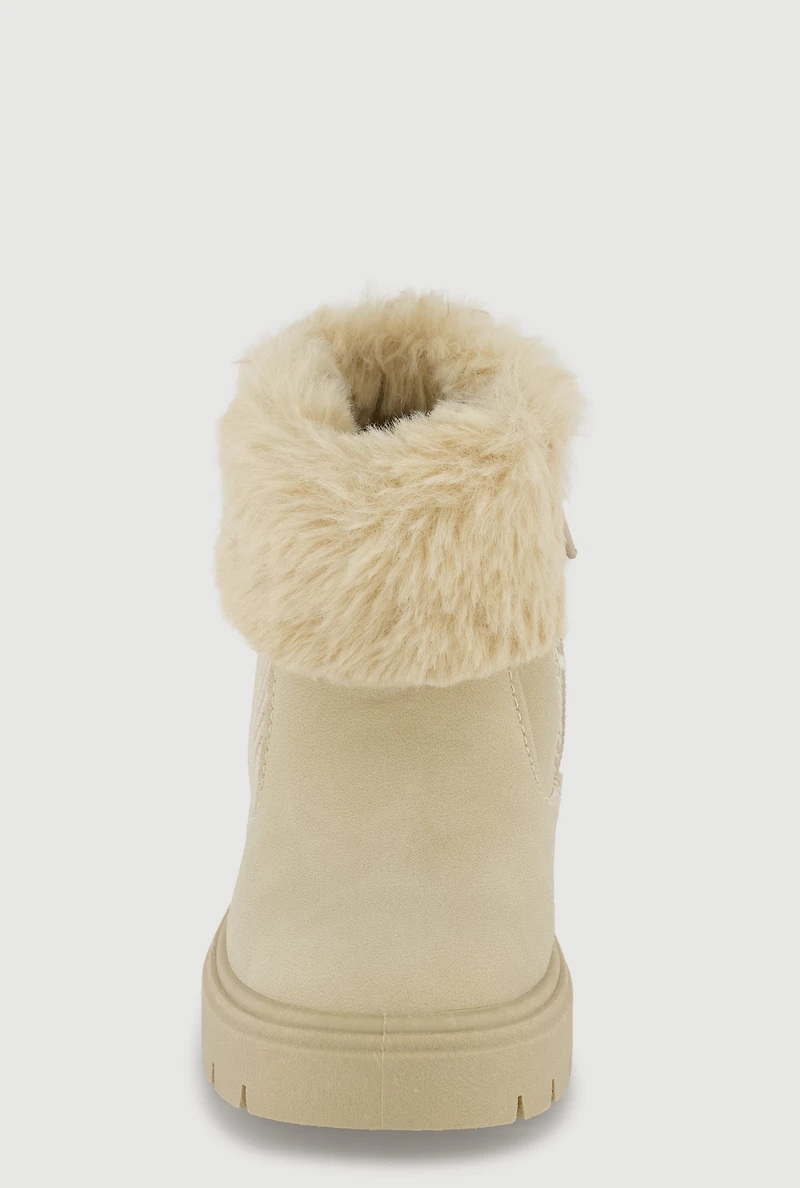 Womens Toddler Girls Faux Fur Cuff Side Zip Combat Boots, Beige, Size 7