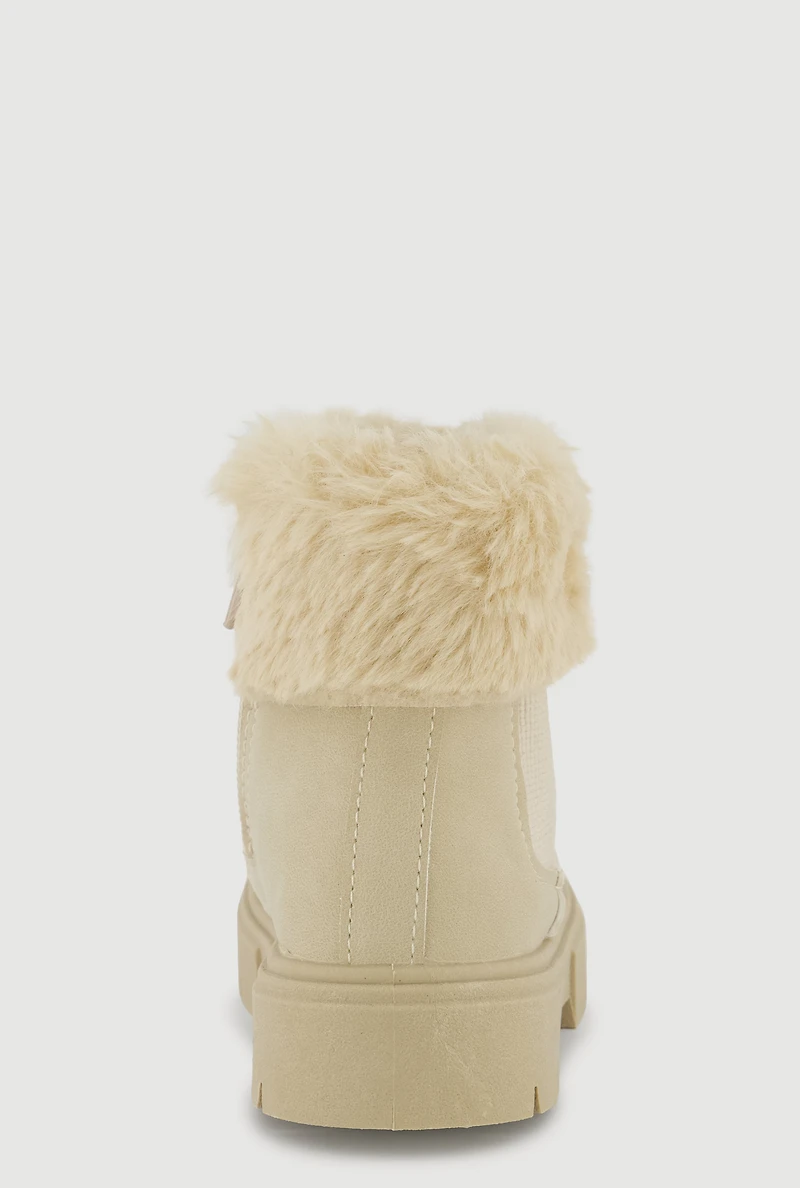 Womens Toddler Girls Faux Fur Cuff Side Zip Combat Boots, Beige, Size 7