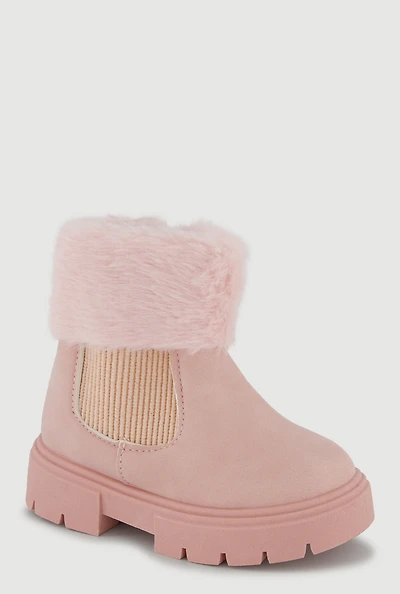 Womens Toddler Girls Faux Fur Cuff Side Zip Combat Boots, Pink, Size 7