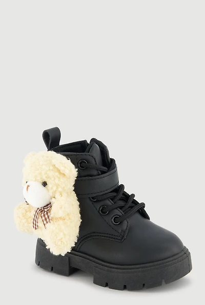 Womens Toddler Girls Teddy Bear Detail Combat Boots, Black, Size 7