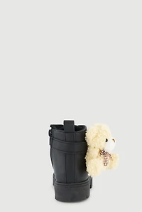 Womens Toddler Girls Teddy Bear Detail Combat Boots, Black, Size 7