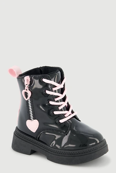 Womens Toddler Girls Heart Zipper Detail Combat Boots, Black,
